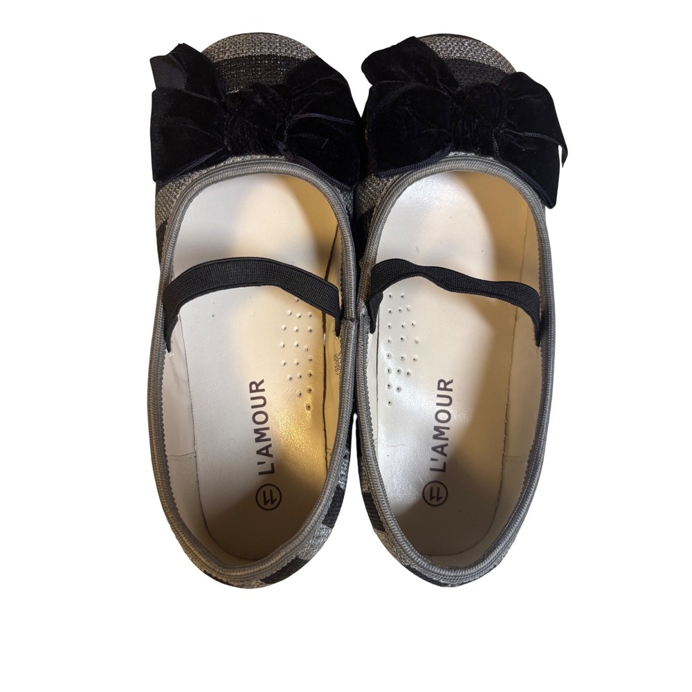 L'Amour Mary Jane Flats Girls 11 Black Silver Striped Velvet Bow Dress Shoes - Picture 5 of 10